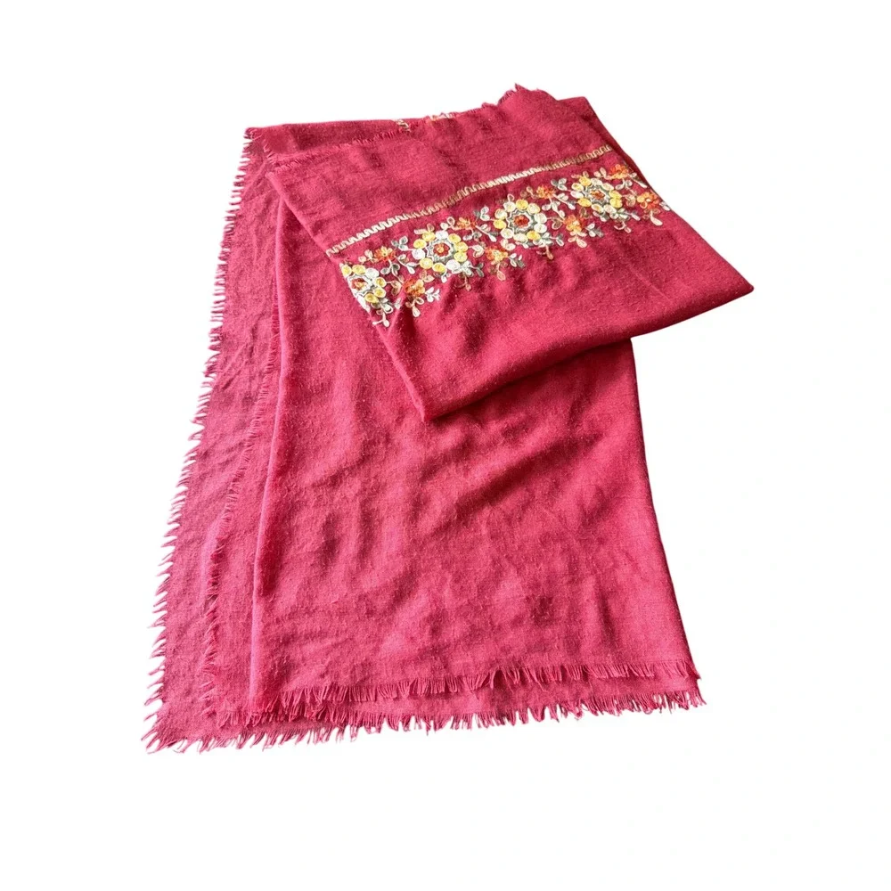 Unbranded Scarf Berry Red Floral Embroidered Eyelash Fringe Bohemian Wrap Shawl